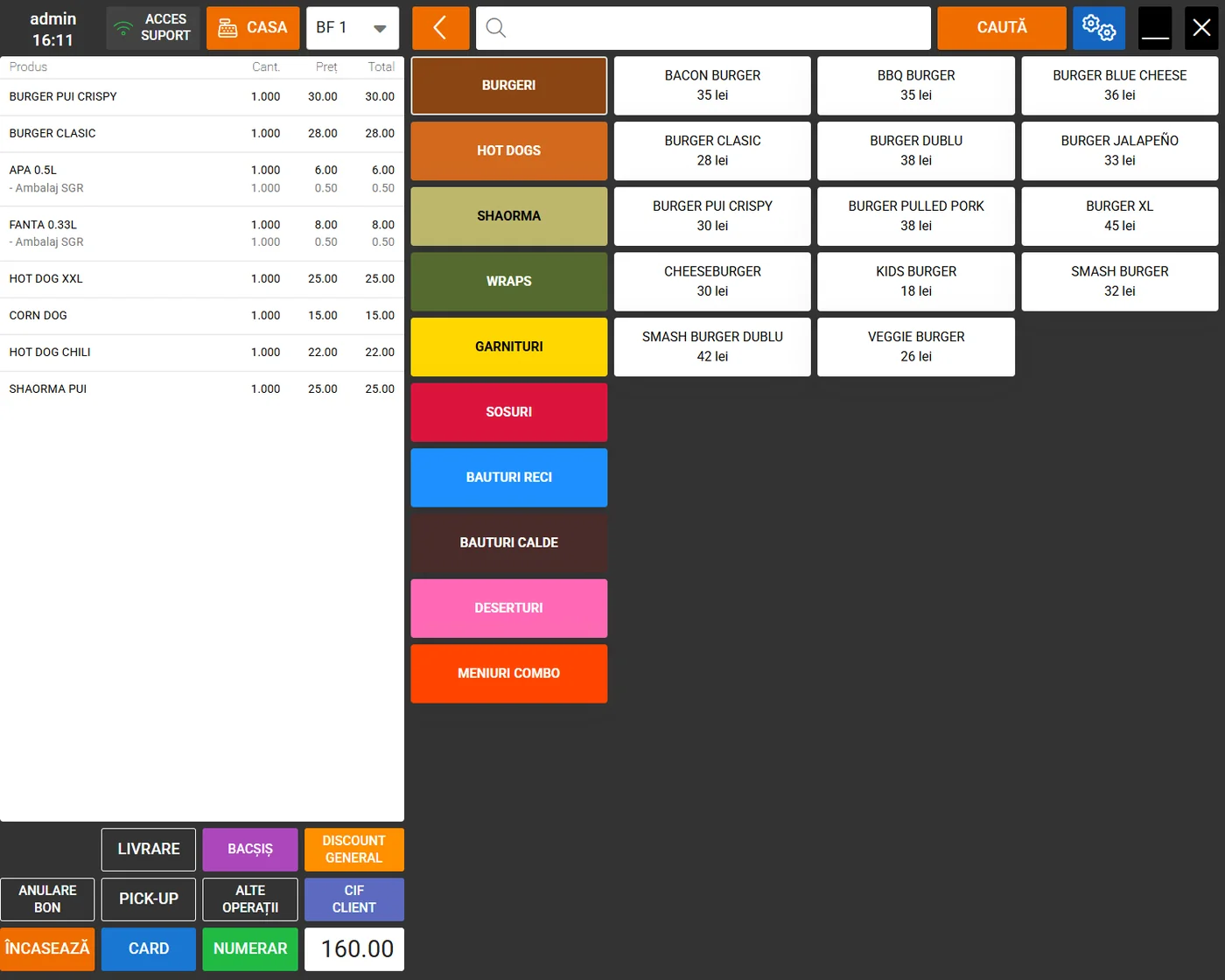 Interfața POS pentru food truck